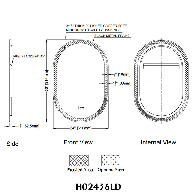 Oval Matte Black Mirror with Insert LED Lighting - 3000-6000K 3 Button Touch Switch